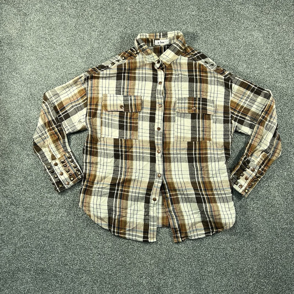 In Loom Womens S Plaid Flannel Shirt Studded Western Snap Button Shacket